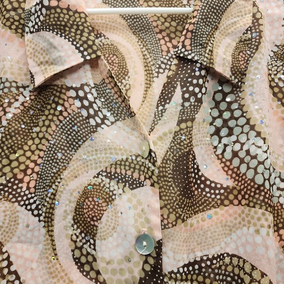 Sarah B Woman Blouse 2X Brown Beige Metallic Shimmer Ruffle Sleeve Button Front - Picture 6 of 11